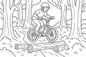 Un pilota con il casco bilancia una moto da trial mentre salta sopra grandi tronchi in un bosco. Alberi alti e cespugli circondano il sentiero.