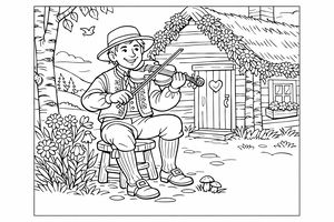Volksmusiker mit Hut sitzt auf hölzernem Hocker und spielt Violine neben traditionellem Häuschen, geschmückt mit Birkenzweigen und wilden Blumengirlanden zur Mittsommerfeier