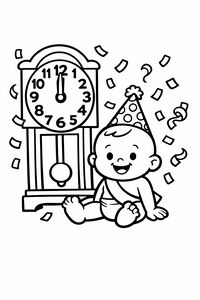 Un bambino felice con un cappellino a pois e una fascia è seduto sul pavimento accanto a un alto orologio a pendolo. Le lancette segnano le dodici e i coriandoli volano nell'aria.