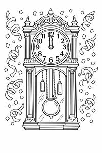 Un disegno dettagliato in bianco e nero di un alto orologio a pendolo con le lancette che indicano esattamente le dodici. La scena è piena di stelle filanti e coriandoli quadrati che cadono intorno alla cassa decorata.