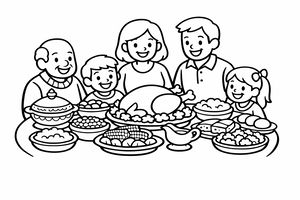 Eine einfache Schwarz-Weiß-Strichzeichnung einer Familie, die hinter einem Tisch voller Essen versammelt ist. Zwei Kinder, zwei Eltern und ein Großvater lächeln herzlich, während sie eine große Platte mit Speisen und verschiedene Beilagen in verzierten Schalen betrachten.