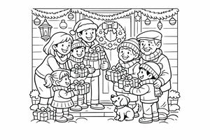 Eine glückliche Familie mit Kindern steht an einer dekorierten Tür und verteilt eingepackte Geschenke an Nachbarn. Festliche Girlanden, Laternen und ein kleiner Hund ergänzen das Motiv in dieser detaillierten Linienzeichnung.