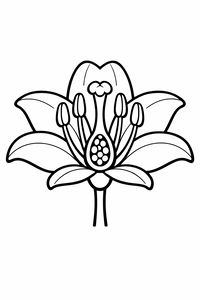 Un semplice disegno a tratteggio di una sezione trasversale di un giglio. L'immagine mostra petali definiti, quattro stami e un pistillo centrale con l'ovario visibile alla base.