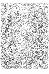 Um desenho botânico linear detalhado de várias variedades de orquídeas a crescer numa floresta tropical. A composição apresenta bambu ao fundo, fetos delicados e diferentes formas de pétalas, desde orquídeas largas a um sapatinho de Vénus no primeiro plano.