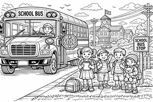 Um grande autocarro escolar com o sinal de stop aberto chega a uma paragem onde quatro crianças esperam. As crianças carregam mochilas e livros, com uma escola ao fundo sob um céu nublado.