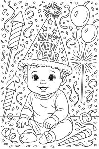Um bebé feliz sentado ao centro com um chapéu de festa alto que diz Happy New Year. O fundo está cheio de elementos festivos como fogo de artifício, balões, fitas e confetes.