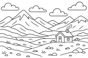 Un semplice disegno a linee di una piccola baita in legno immersa in una valle di tundra. Sullo sfondo, diverse montagne si innalzano verso un cielo nuvoloso. Piccoli ciuffi d'erba e sassi punteggiano le colline.