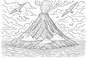 Un intrincado dibujo lineal de una isla volcánica en erupción en medio del océano. Varias gaviotas vuelan por un cielo nublado alrededor de la cima humeante.