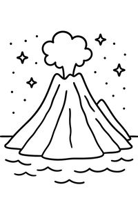 Un semplice disegno a tratteggio di un'isola vulcanica in eruzione con una grande nuvola di fumo. La montagna è circondata dal mare e il cielo è pieno di stelle.