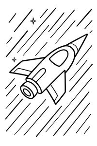Desenho de linha simples de uma nave espacial starfighter pontiaguda a voar em alta velocidade. Longas linhas diagonais e pequenas estrelas preenchem o fundo.
