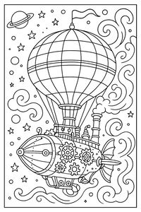 Un dettagliato dirigibile steampunk con un grande pallone e ingranaggi meccanici fluttua nello spazio aperto. La scena include un pianeta con anelli, numerose stelle e nuvole cosmiche.