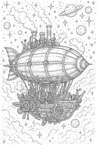 Um intrincado dirigível steampunk com casco de madeira e tubos de metal flutua no espaço. O fundo está repleto de estrelas, planetas com anéis e nuvens cósmicas. O fumo sai de várias chaminés no topo do balão do dirigível.