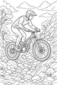 Um piloto de moto trial equilibra-se na sua mota enquanto percorre um trilho de montanha íngreme e rochoso. A cena inclui um fundo de floresta detalhado.
