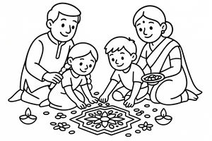 Desenho linear de pais e duas crianças sentados no chão criando padrões rangoli intricados, com lâmpadas de óleo tradicionais (diyas) colocadas ao redor do design decorativo