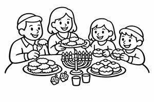Eine glückliche vierköpfige Familie sitzt an einem Tisch und feiert Chanukka. In der Mitte steht eine Menora mit brennenden Kerzen, umgeben von Tellern mit Latkes, Marmeladenkrapfen und Dreideln.