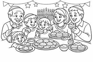Eine mehrköpfige Familie sitzt an einem Tisch voller Latkes und Sufganiyot. Ein Hanukkaleuchter mit neun brennenden Kerzen und ein kleiner Dreidel stehen zwischen den Speisen, während sternförmige Girlanden über der lächelnden Gruppe hängen.