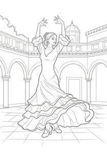O dansatoare de flamenco stă într-o poză dramatică cu mâinile ridicate într-o curte spaniolă. Poartă o rochie lungă cu multe straturi de volane. Fundalul include un patio din piatră cu arcade și o clădire cu cupolă.