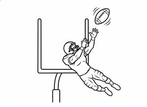 Un giocatore di football americano in divisa salta in aria con le braccia tese per afferrare la palla ovale. Sullo sfondo si vede un grande palo della porta a forma di Y.