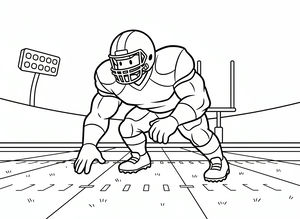 Desenho de um jogador de futebol americano com uniforme completo e capacete agachado no campo. A cena inclui marcações de jardas e um marcador de estádio.