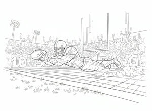 Um jogador de futebol americano com capacete e proteções mergulha horizontalmente para agarrar a bola. O fundo mostra um estádio cheio com adeptos e postes de baliza altos.