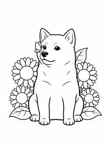 Um desenho de linhas simples de um cão Shiba Inu sentado num jardim de flores. Uma pequena borboleta pousou no nariz do cão e vários girassóis grandes emolduram o cachorro por trás.