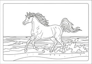 Disegno in linea di un cavallo arabo al galoppo sulla spiaggia con onde oceaniche e criniera fluttuante