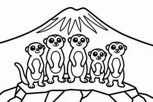Cinque teneri suricati con grandi occhi tondi in piedi su una roccia piatta. Dietro di loro c'è una grande montagna con la cima innevata. Il disegno presenta linee spesse e forme semplici.