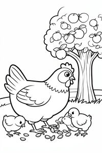 Kvočna stojí na dvoře se třemi malými kuřátky, která zobou zrní. Za nimi je velká jabloň s mnoha jablky visícími na větvích. Ilustrace má silné, čisté obrysy a jednoduché tvary.
