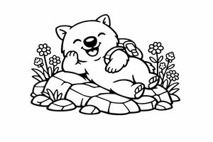 Disegno da colorare in bianco e nero di un wombat felice con un piccolo zaino che riposa sulle rocce circondate da fiori selvatici