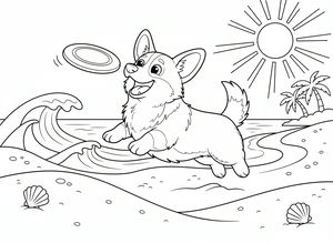 ŠťAstný corgi vyskočí do vzduchu, aby na pláži chytil létající frisbee. V pozadí se tříští velké mořské vlny vedle palem a zářícího slunce, zatímco v popředí leží v písku malé mušle.