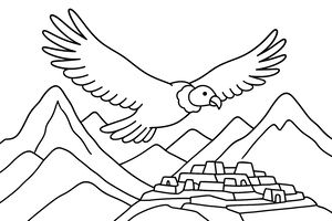 Disegno a tratto di un grande condor con le ali spiegate che vola sopra picchi montani con antichi ruderi di pietra nella valle sottostante