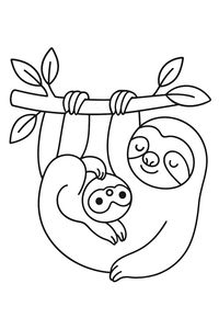 Un bradipo mamma è appeso a testa in giù a un ramo mentre il suo piccolo cucciolo si stringe alla sua pancia. Il disegno ha forme grandi e arrotondate e alcune foglie sul ramo per un'atmosfera calma.