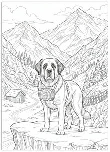 Un disegno a tratteggio dettagliato di un cane San Bernardo con una botticella da salvataggio al collo. Il cane si trova su una scogliera che domina una valle alpina con alte montagne, pini, una piccola baita e un ponte di corda.