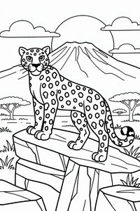 Un disegno al tratto dettagliato di un leopardo maculato in piedi su una roccia piatta. Sullo sfondo, il monte Kilimangiaro svetta sopra una savana con acacie e un grande sole dietro la cima.