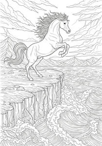 Disegno da colorare dettagliato di un maestoso cavallo con la criniera al vento che si impenna su una scogliera a picco su un mare in tempesta con grandi onde.