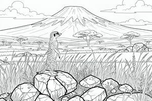 Illustrazione a linee di una suricata in piedi su rocce tra l'erba alta, con la montagna Mount Kilimanjaro e alberi di acacia sullo sfondo del paesaggio della savana africana