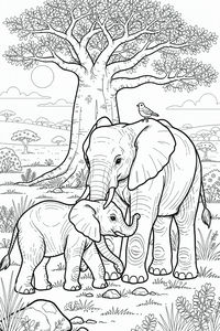 Un disegno lineare dettagliato di una mamma elefante e del suo piccolo davanti a un enorme albero di baobab. Un uccellino è appollaiato sulla schiena della madre.