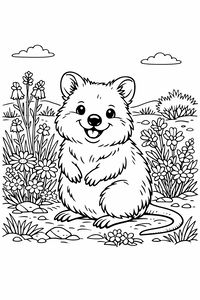 Un quokka felice siede dritto e sorride verso lo spettatore. È circondato da vari fiori selvatici, erbe e piccoli cespugli. Due nuvole soffici galleggiano nel cielo sopra un paesaggio collinare in questo pulito disegno a linee bianche e nere.