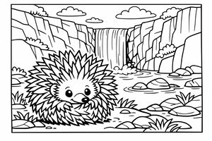Un simpatico echidna con molti aculei appuntiti è seduto su una riva rocciosa. Sullo sfondo, una grande cascata scende tra scogliere ripide sotto un cielo nuvoloso. Rocce e piccole piante bordano l'acqua.