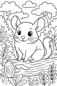 Desenho de contorno de uma chinchila fofa com grandes olhos redondos e bigodes longos sentada num tronco. O fundo mostra uma floresta e nuvens simples.
