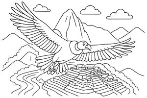 Un disegno al tratto di un grande condor delle Ande che plana con le ali aperte sulle antiche rovine di Machu Picchu. La scena include i famosi terrazzamenti, case in pietra e alte cime montuose sotto un cielo nuvoloso.