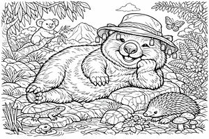 Um wombat amigável com um chapéu de cortiça descansa sobre rochas no outback australiano. A cena inclui um coala, um equidna, um lagarto, uma borboleta e uma rã perto de um riacho.