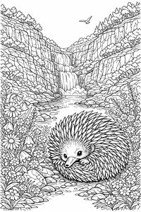 Disegno lineare dettagliato di un'echidna spinosa in un prato fiorito. Sullo sfondo, una grande cascata scende da alte pareti rocciose con un uccellino in volo.