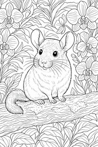 Un adorabile cincillà con grandi occhi tondi e lunghi baffi siede su un grosso ramo muschioso. È circondato da grandi fiori di orchidea e fitta vegetazione della giungla in uno stile lineare pulito.