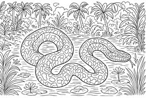 Desenho de linha detalhado a preto e branco de uma grande anaconda manchada a nadar num pântano tropical. A serpente está rodeada por palmeiras e plantas aquáticas.