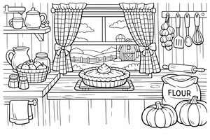 Desenho em linhas preto e branco de uma cozinha de fazenda com torta de abóbora no peitoril da janela, cortinas xadrez, utensílios de cozinha pendurados na parede, saco de farinha, abóboras no balcão e vista do celeiro pela janela