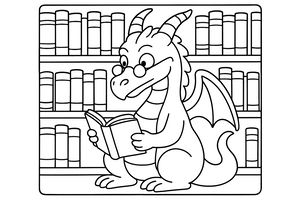 Ein freundlicher Drache mit Hörnern und kleinen Flügeln trägt eine runde Brille und liest in einem offenen Buch. Hinter ihm stehen drei Regale voller dicker Bücher, die eine gemütliche Bibliotheksatmosphäre mit klaren Konturen schaffen.