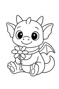 Um lindo bebé dragão está sentado no chão com um cachecol às riscas e uma flor na mão. O dragão tem olhos grandes, chifres pequenos e asas minúsculas. O desenho tem contornos pretos grossos sobre um fundo branco.
