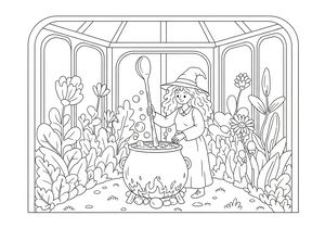 Eine freundliche junge Hexe mit spitzem Hut rührt in einem dampfenden Kessel. Sie ist von großen magischen Blumen und Pflanzen in einem gläsernen Gewächshaus umgeben, während Blasen aus dem Topf aufsteigen.