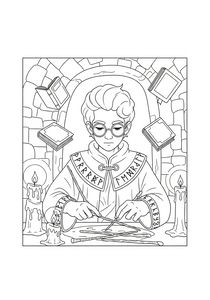 Strichzeichnung eines bärtigen Zauberers mit Brille und Umhang mit mystischen Runen, sitzend an einer Werkbank und fertigend Zauberstäbe in einer Kammer mit schwebenden Büchern und brennenden Kerzen